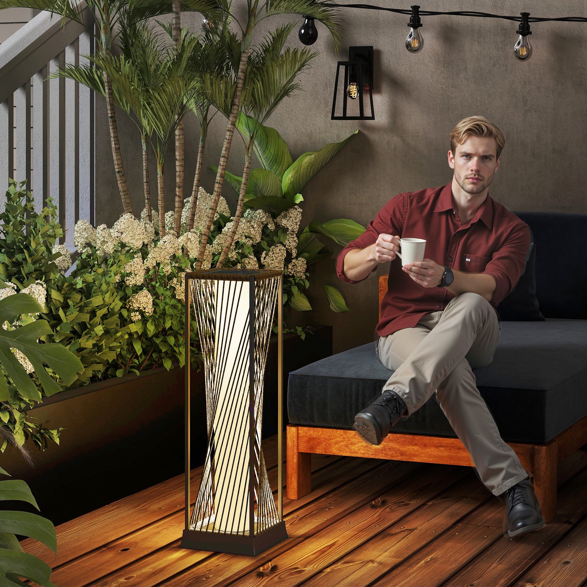 Outsunny Rattan Solar Garden Lights, Auto On/Off LED Floor Lamp, Sand Brown 