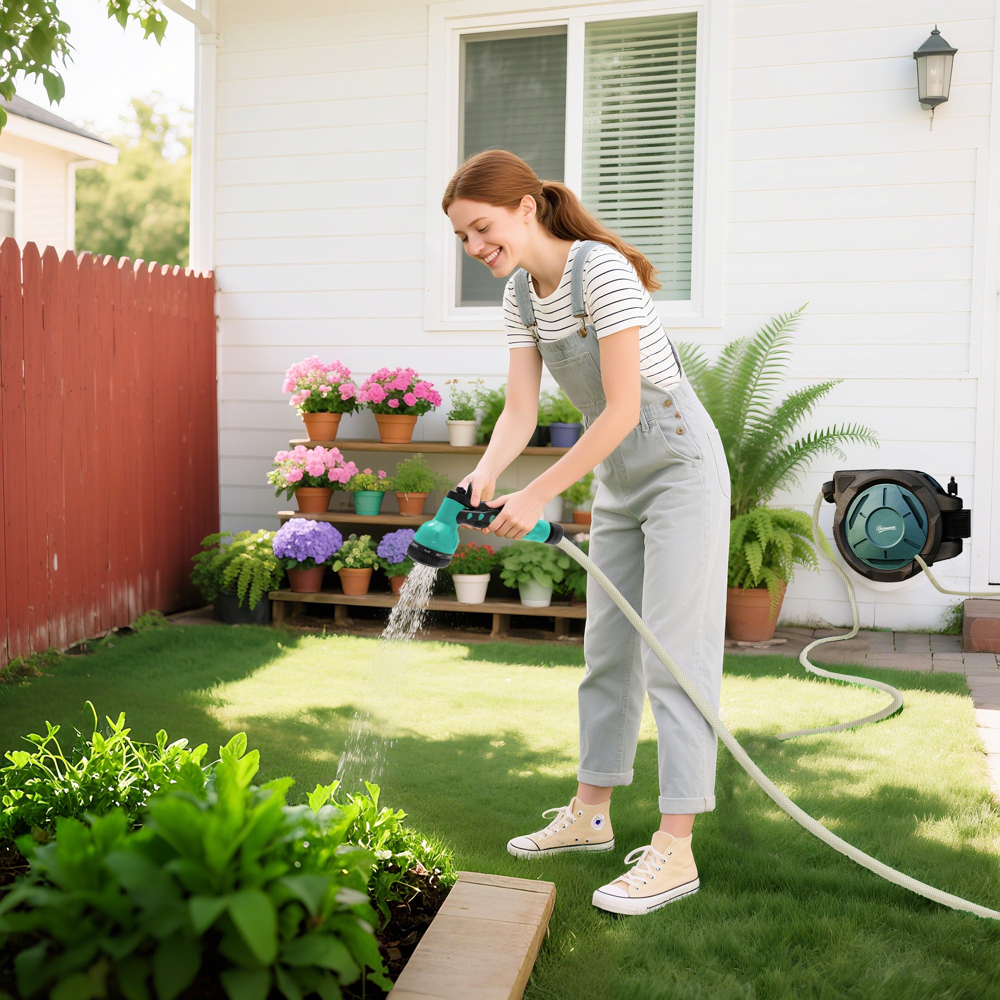 Outsunny Retractable Hose Reel Wall Mounted, 20+2m Garden Hose Pipe Reel with Lock, Auto Rewind, 7 in 1 Spray Nozzle, Includes Wall Fixings, 180° Swivel, Outdoor Watering, 54 x 20 x 39 cm, Black 