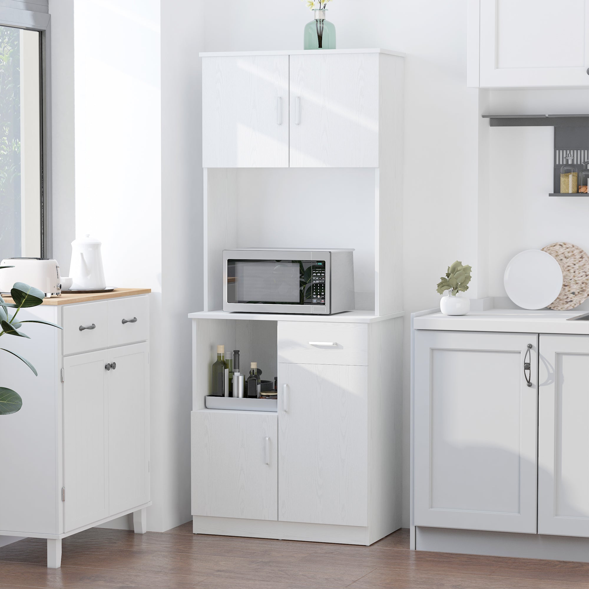 HOMCOM Tall Kitchen Cupboard, Kitchen Cabinet with Doors, Shelves, Drawer and Open Countertop, Storage Cabinet for Living Room, Dining Room, White 