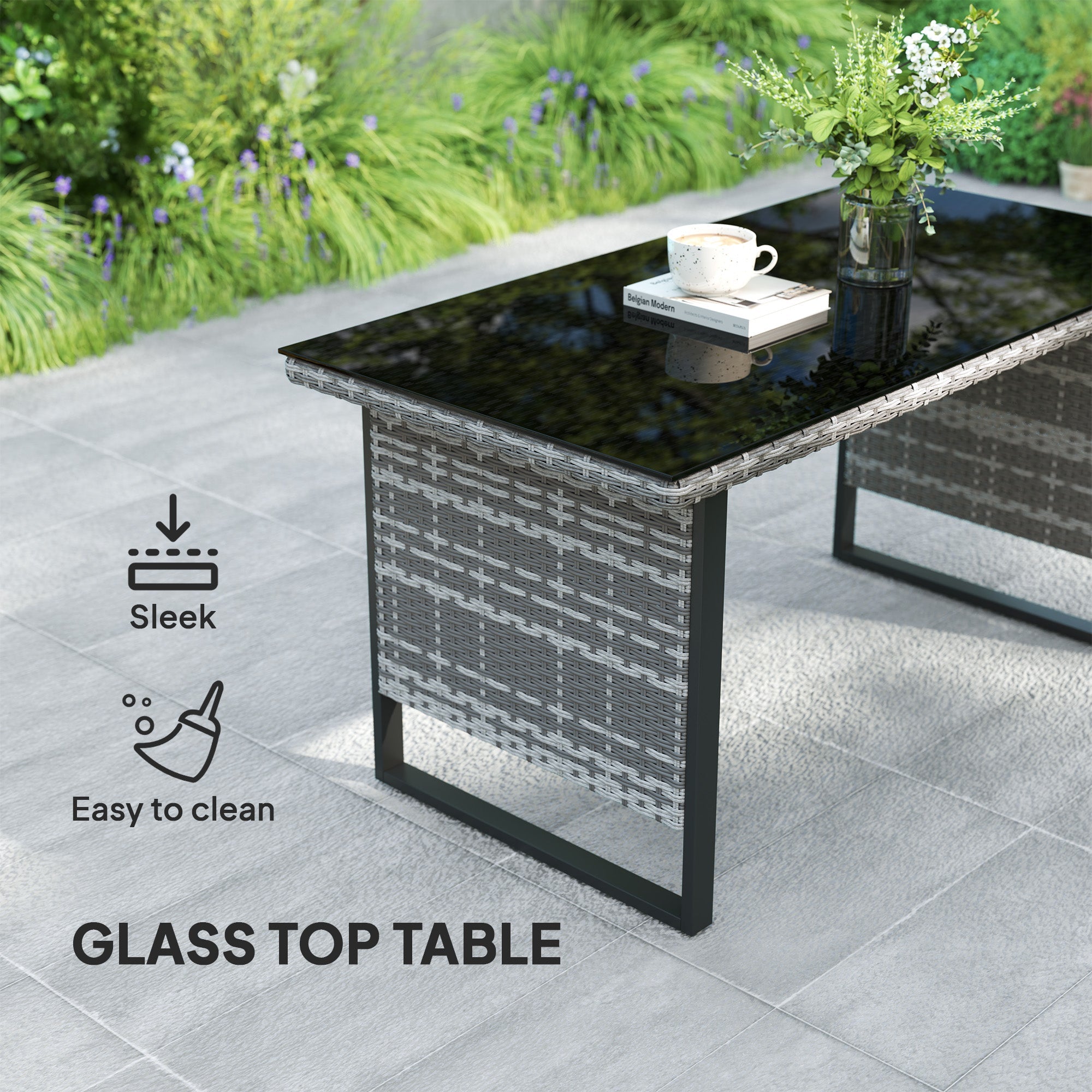 Outsunny 9 Piece Rattan Garden Furniture Set, 8 Seater Garden Corner Sofa with Cushions and Glass Top Table, Sectional Outdoor Furniture Conservatory Set for Patio, Light Grey 