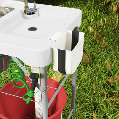 Outsunny Folding Fish Cleaning Table with Sinks, Portable Camping Sink Table with Faucet, Drainage Hose 