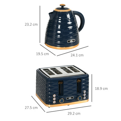 HOMCOM 3000W 1.7L Rapid Boil Kettle & 4 Slice Toaster, Kettle and Toaster Set with 7 Browning Controls and Crumb Tray, Blue 