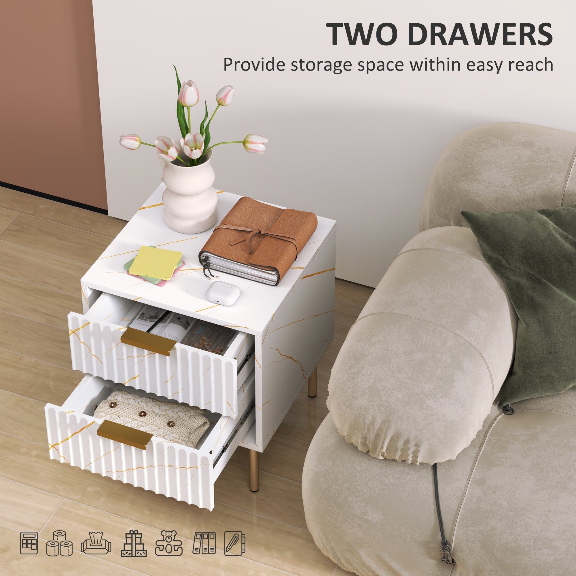 HOMCOM Elegant Two-Drawer Bedside Table - White 
