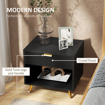 HOMCOM Elegant Bedside Table, with Drawer and Shelf - Black/Gold Tone 