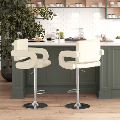 Upholstered Swivel Bar Stool, Set of 2 Height Adjustable Barstool with Back, Armrest, Footrest for Kitchen, White 