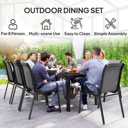 Outsunny 8 Seater Garden Dining Set with Stacking Chairs, Rectangular Tempered Glass Top, Garden Furniture Set, Outdoor Dining Table and Chairs for Patio, Balcony, Poolside, Dark Grey 