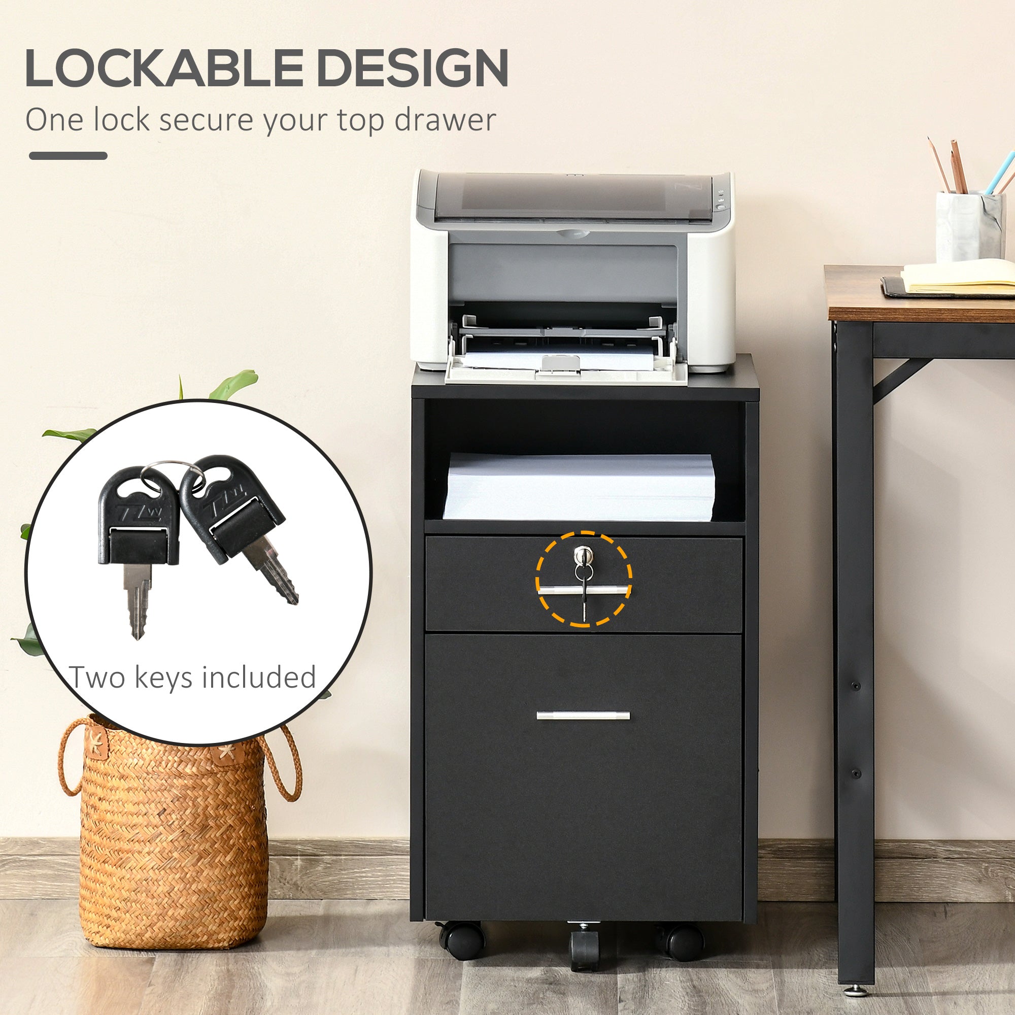 Vinsetto Lockable Two-Drawer Filing Cabinet, with Wheels - Black 