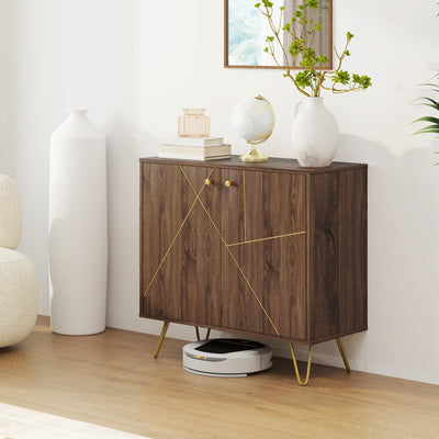 HOMCOM Sideboard Storage Cabinet with Golden Lines, Modern Luxury Living Room Cabinet with Adjustable Shelf, Steel Harpin Legs, Brown 