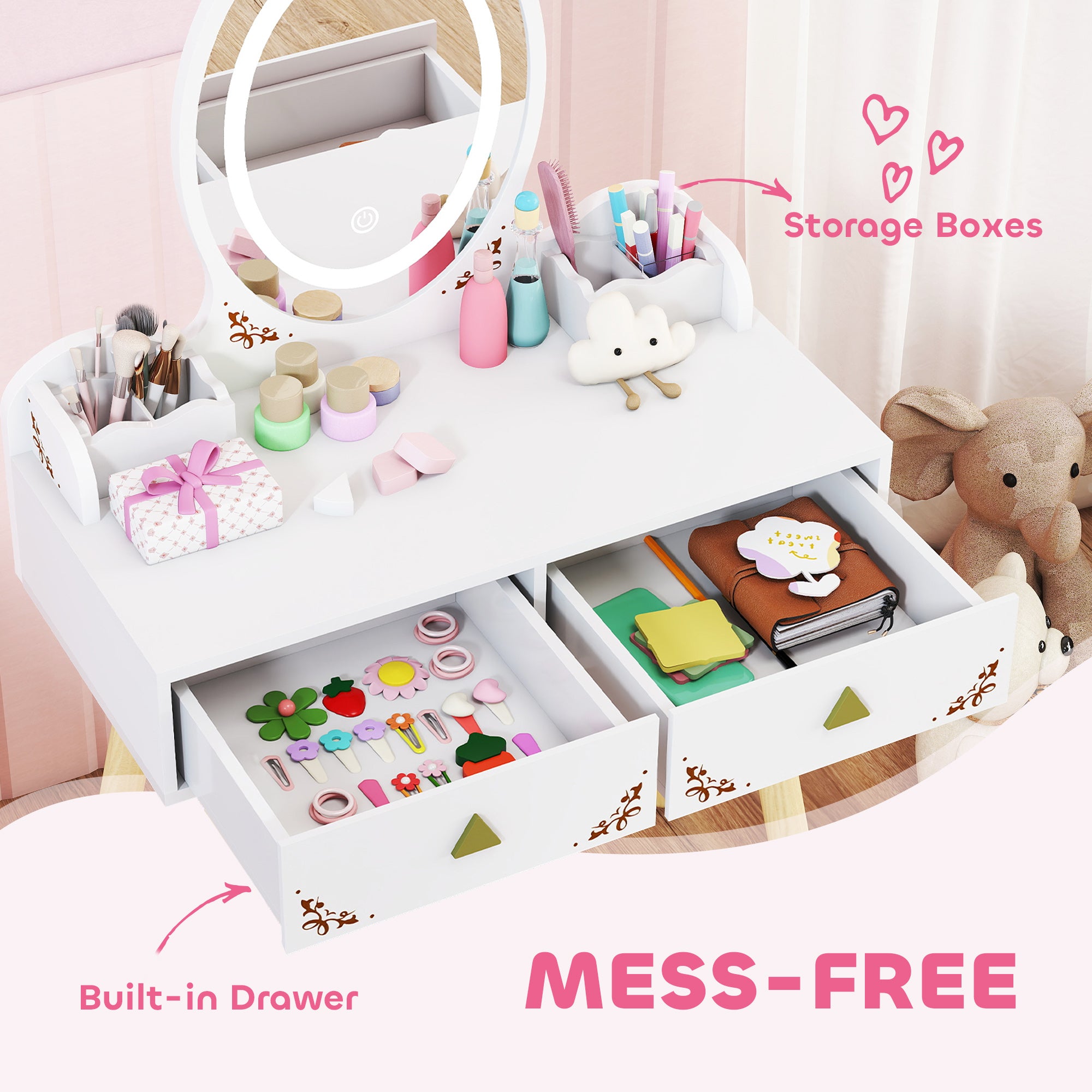 AIYAPLAY Kids Vanity Table and Chair Set with 3-Colour LED Lights Mirror, Drawer, Storage Boxes, for 3+ Years, White 