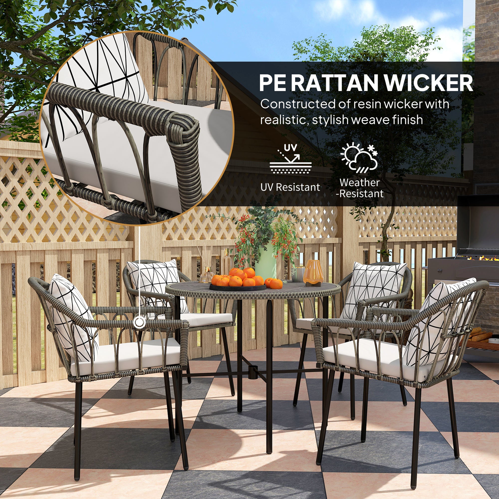 Outsunny 5 Piece Patio Rattan Dining Set, Wicker Garden Table and Chairs w/ Removable Seat & Back Cushions, Round Tempered Glass Tabletop, Parasol Hole, Outdoor Furniture Conservatory Set, Grey