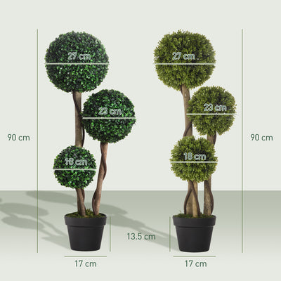 HOMCOM Decorative Artificial Plants Set of 2, Boxwood Ball Topiary Trees in Pot Fake Plants for Home Indoor Outdoor Decor, 90 cm, Dark Green 