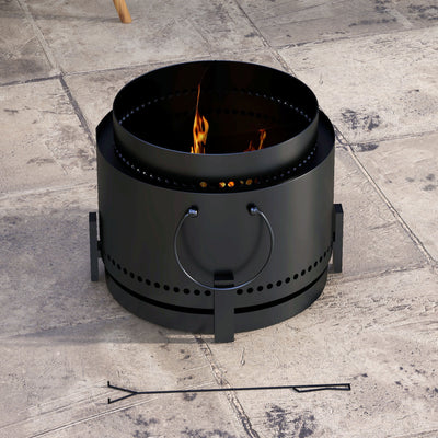 Outsunny Smokeless Fire Pit with Ash Catcher, 37cm Portable Wood Burning Firepit with Poker for Garden Camping Bonfire Party, Metal, Black 