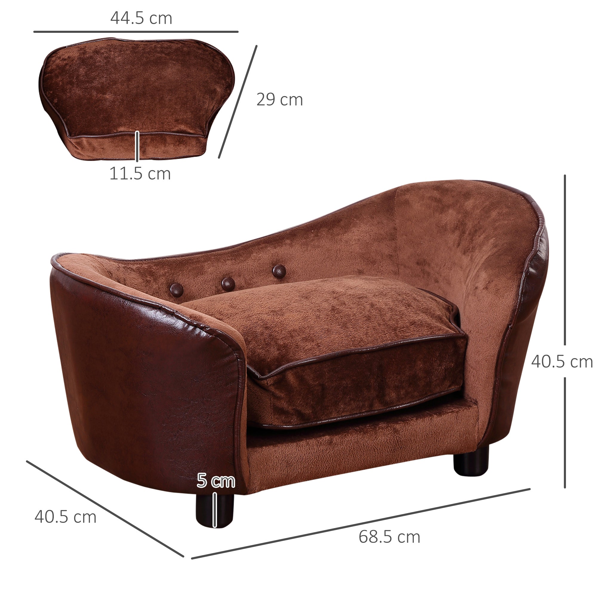 PawHut Dog Sofa Chair with Legs, Pet Couch with Soft Cushion for Extra Small Dogs Cats, Brown, 68.5 x 40.5 x 40.5 cm 