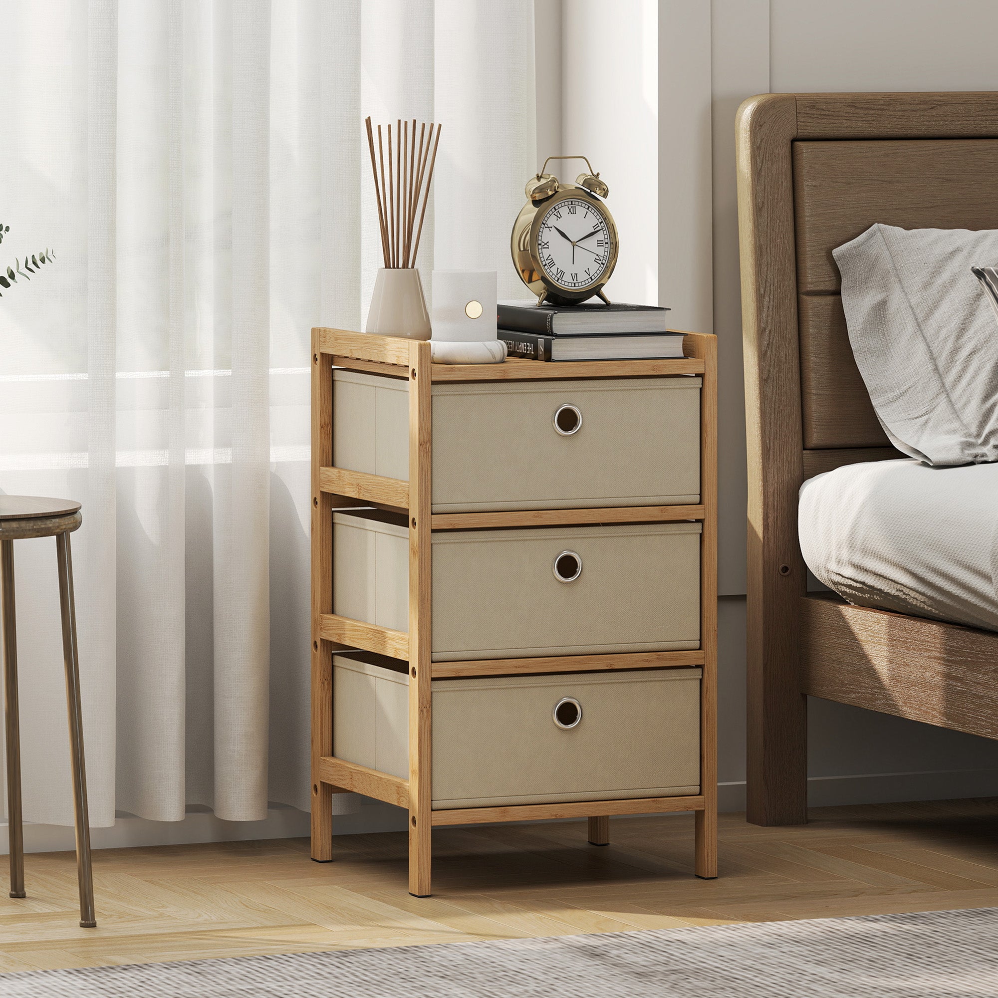 HOMCOM Chest of Drawers, 3 Fabric Drawers Narrow Dresser with Bamboo Frame, Cream White 