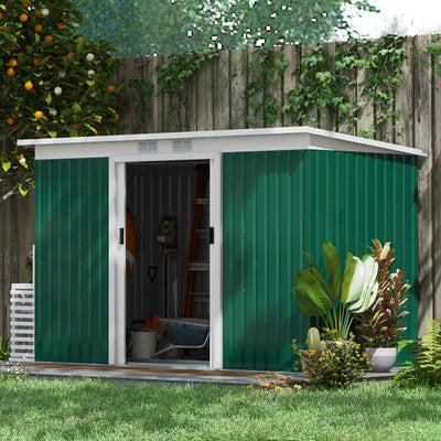 Outsunny 9ft x 4ft Metal Garden Shed, Outdoor Tool House with Foundation Kit, Ventilations and Double Doors, Deep Green 