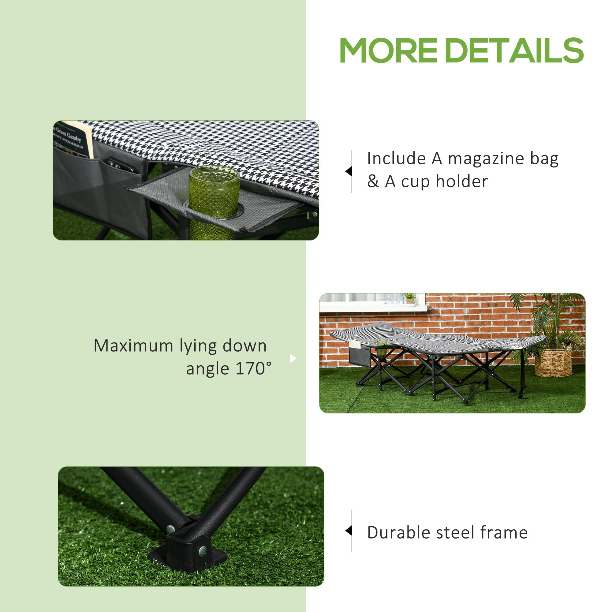 Outsunny Foldable Sun Lounger, Padded Patio Camping Bed with Carry Bag, Magazine Bag and Cup Holder for Outdoor, Garden, Black 