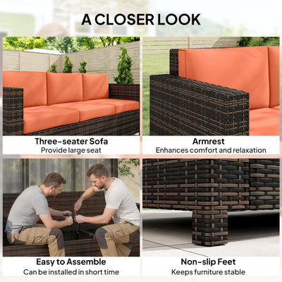 Outsunny 3 Seater Rattan Sofa All-Weather Wicker Weave Metal Frame Chair with Fire Resistant Cushio-Orange 