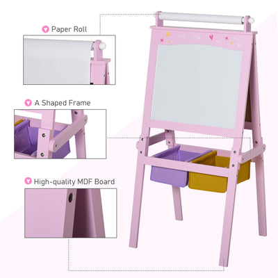 HOMCOM Kids Easel 3 in 1 Wooden Art Easel with Paper Roll Double-Sided Chalkboard & Whiteboard with Storage Baskets for Toddler Girls, Pink 