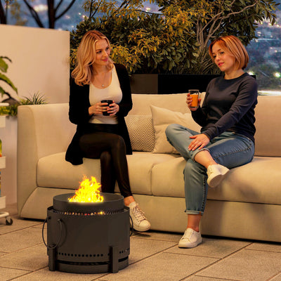 Outsunny Smokeless Fire Pit with Ash Catcher, 37cm Portable Wood Burning Firepit with Poker for Garden Camping Bonfire Party, Metal, Dark Grey 