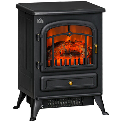 HOMCOM Freestanding Electric Fireplace Indoor Heater Glass View Log Wood Burning Effect Flame Portable Fireplace Stove 950/1850W Black 