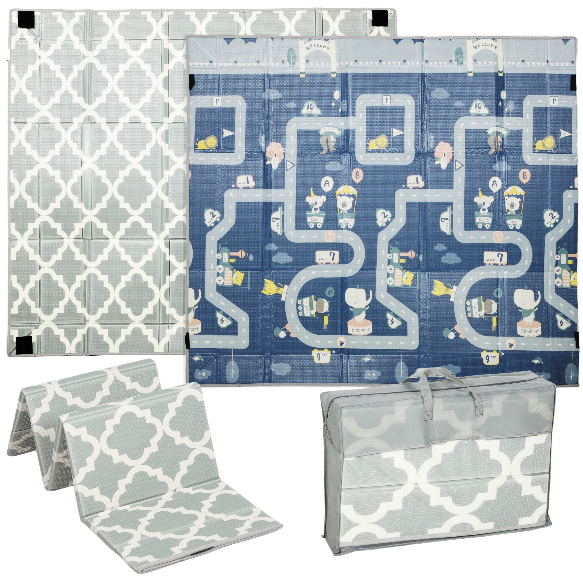 AIYAPLAY Foldable Baby Play Mat, Baby Playpen, Reversible Foam Playmat, Floor Mats for Toddlers, Traffic and Grey Diamond Theme 