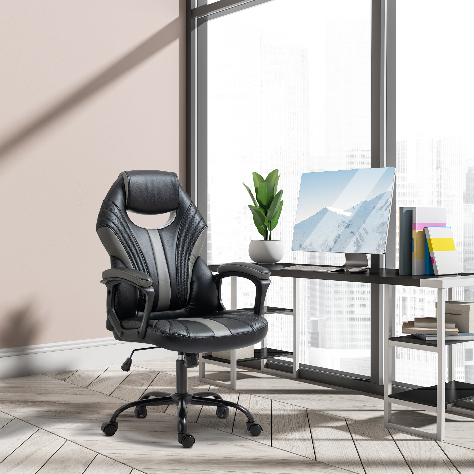 Vinsetto Computer Gaming Chair, Desk Chair with Breathable PU Leather Back and Seat, Soft Padded Armrests and Rolling Wheels for Adults and Gamers, Black 