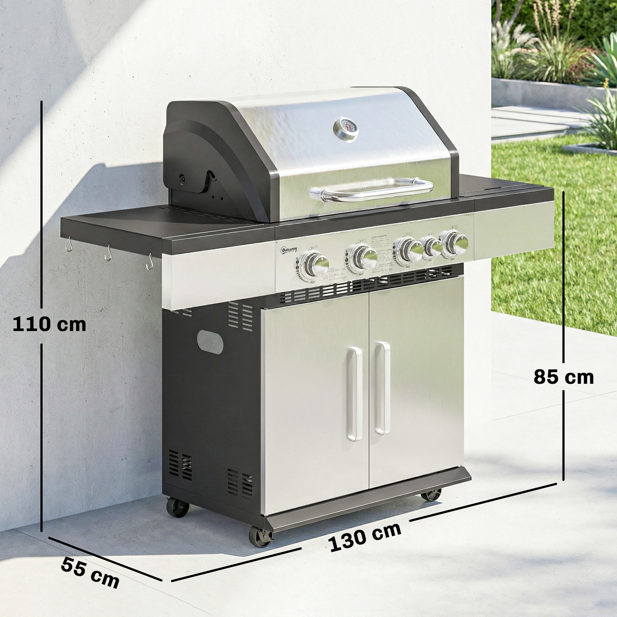 Outsunny 4+1 Burner Gas BBQ Grill, Portable Gas Barbecue Grill with Side Burner, Warming Rack, Side Shelf, Storage Cabinet 