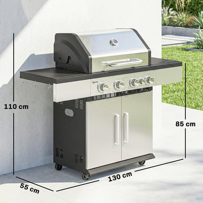 Outsunny 4+1 Burner Gas BBQ Grill, Portable Gas Barbecue Grill with Side Burner, Warming Rack, Side Shelf, Storage Cabinet 