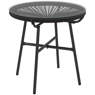 Outsunny Rattan Side Table, Round Outdoor Coffee Table, with Round PE Rattan and Tempered Glass Table Top for Patio, Garden, Balcony, Black 