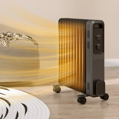 HOMCOM 2500W Oil Filled Radiator, 11 Fin, Portable Electric Heater with 3 Heat Settings, Safety Cut-Off and Wheels, Grey 
