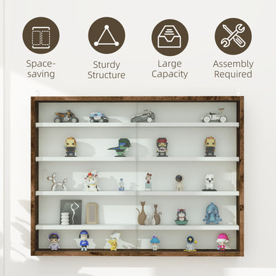 HOMCOM 5-Tier Wall Display Shelf Unit Cabinet w/ 4 Adjustable Shelves Glass Doors Home Office Ornaments 60x80cm Rustic brown 