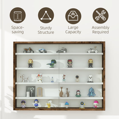 HOMCOM 5-Tier Wall Display Shelf Unit Cabinet w/ 4 Adjustable Shelves Glass Doors Home Office Ornaments 60x80cm Rustic brown 