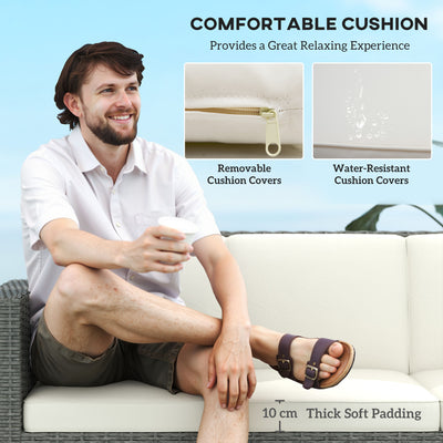 Outsunny 3 Seater Rattan Sofa All-Weather Wicker Weave Metal Frame Chair with Fire Resistant Cushio-Cream 