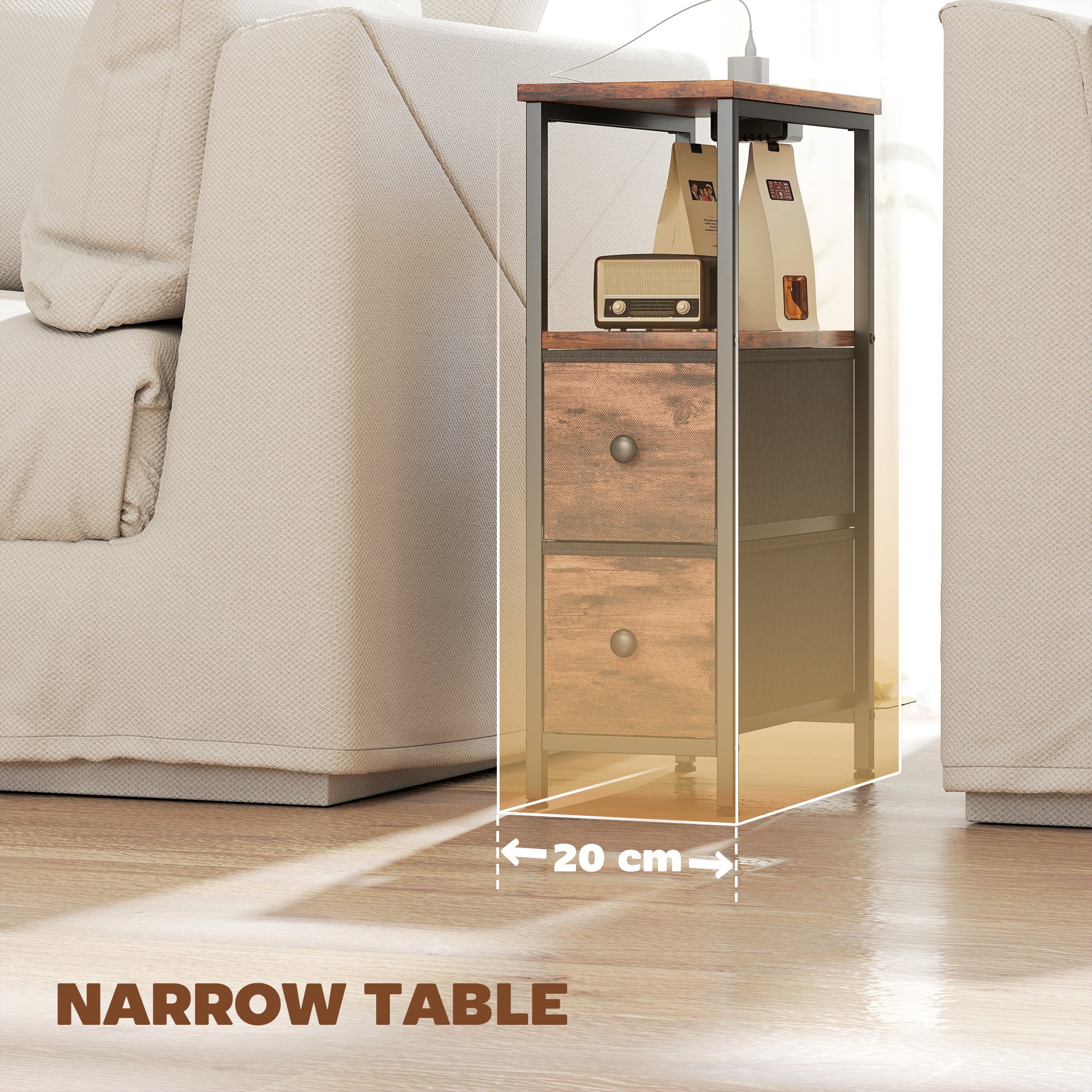 HOMCOM Side Table, Narrow Bedside Table with Charging Station, 2 Drawers, AC Outlet and 2 USB Ports for Living Room, Bedroom 