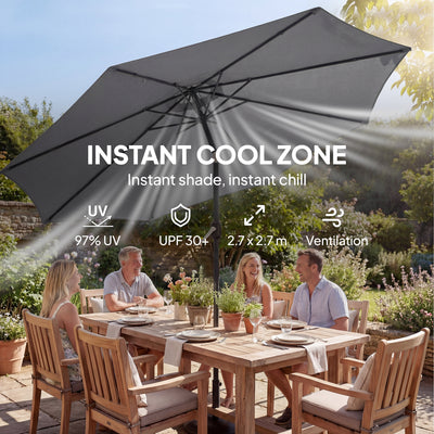 Outsunny 2.7 m Garden Parasol Umbrella with Cross Base and Sandbag, Retractable Ribs, Outdoor Table Market Umbrella, Light Grey 