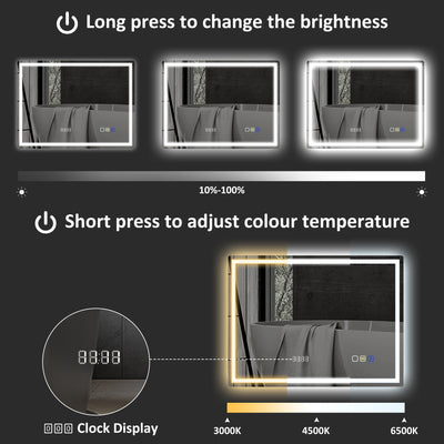 HOMCOM 60 x 80 cm Anti-Fog LED Bathroom Mirror, with Bluetooth and Clock - Silver Tone 