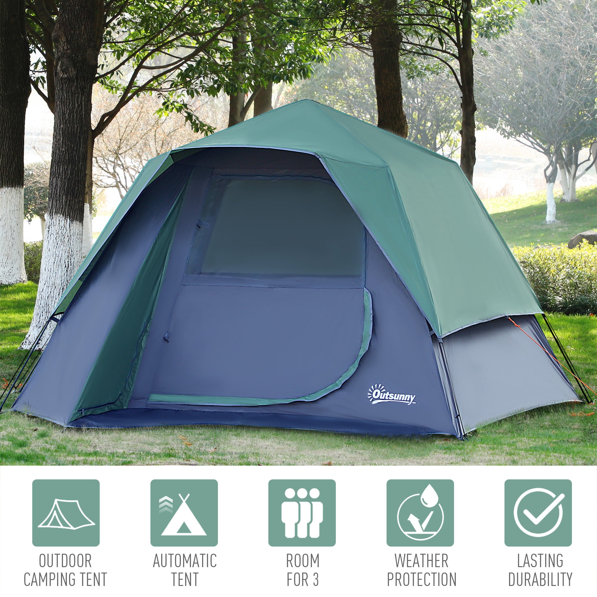 Outsunny Fibreglass Frame 3/4 Person Lightweight Camping Tent Green 