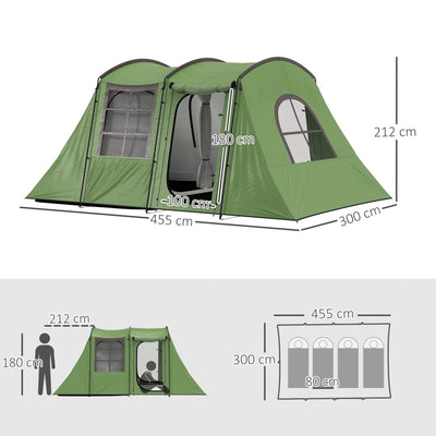 Outsunny 3-4 Man Tunnel Tent, Family Camping Tent with Porch, Bedroom and Living Area, Sewn in Groundsheet, 3000mm Waterproof, Portable with Bag for Hiking, Festival, Backpacking, Green 