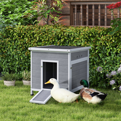 PawHut Wooden Duck House with Ramp, Double Doors, Openable Asphalt Roof, Ventilation Holes, Removable Base, Light Grey 