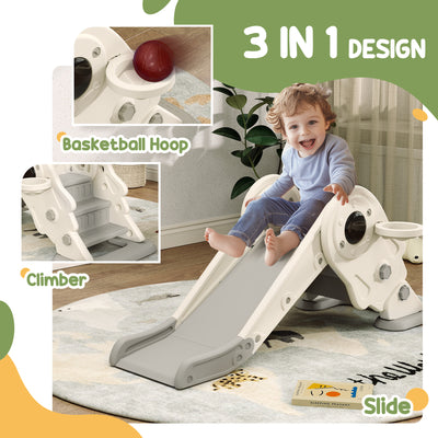 AIYAPLAY 3-in-1 Kids Slide with Basketball Hoop, Climber, Anti-Slip Steps for Toddlers, Ages 2-5 Years, Cream White 