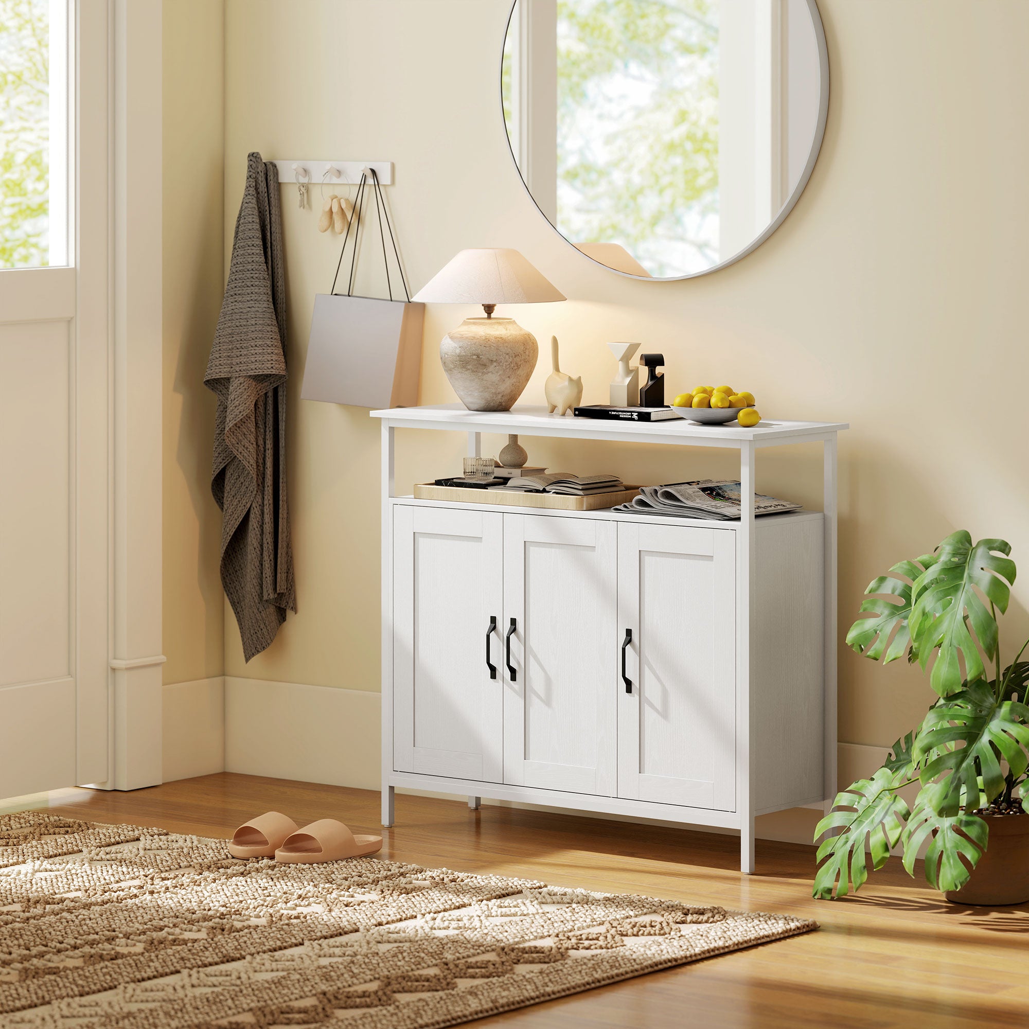 HOMCOM Industrial Kitchen Sideboard with Open Shelf, 2 Cabinets, Adjustable Shelves for Living Room, Dining Room, White 
