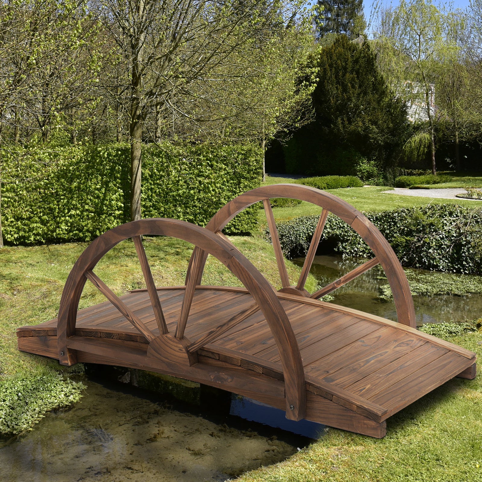 Outsunny Wooden Garden Bridge Lawn Décor Stained Finish Arc Outdoor Pond WalkwayYard Decoration Half Wheeled Railings 100L x 50W x 37Hcm 