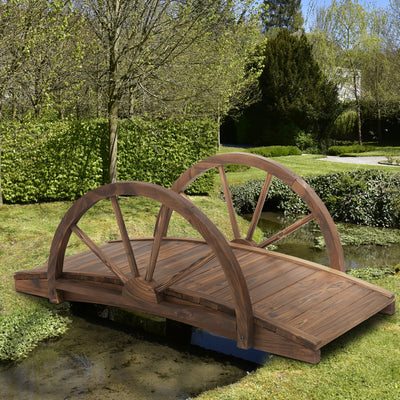 Outsunny Wooden Garden Bridge Lawn Décor Stained Finish Arc Outdoor Pond WalkwayYard Decoration Half Wheeled Railings 100L x 50W x 37Hcm 