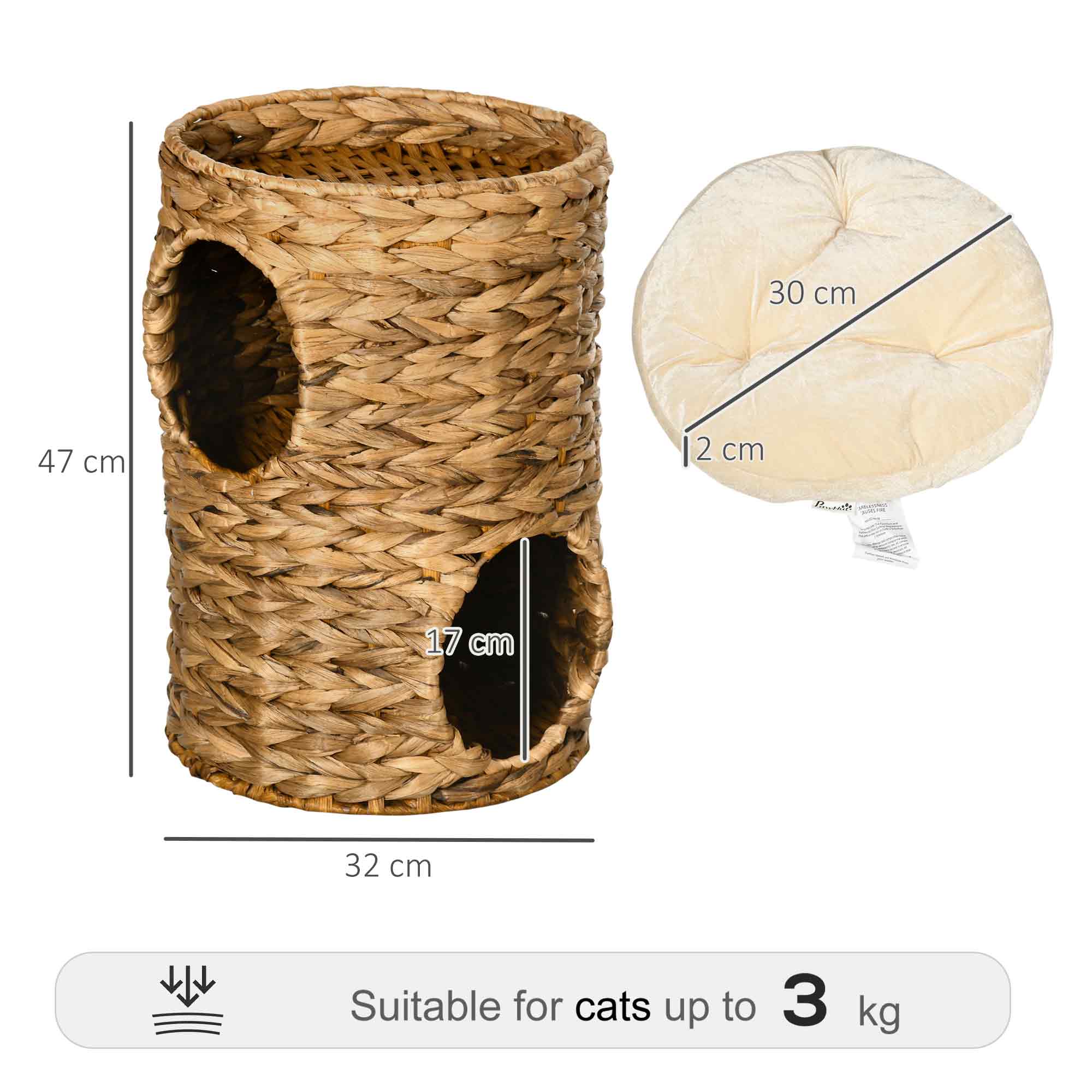 PawHut 47cm Cat Barrel Tree for Indoor Cats with 2 Condos, Kitten Tower with Cushion - Light Brown 