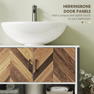 HOMCOM Under Sink Bathroom Cabinet, Rustic Under Sink Cabinet with Herringbone Doors and Open Compartment for Basin with or without Pedestal, 80 x 40 x 60cm, Cream White 
