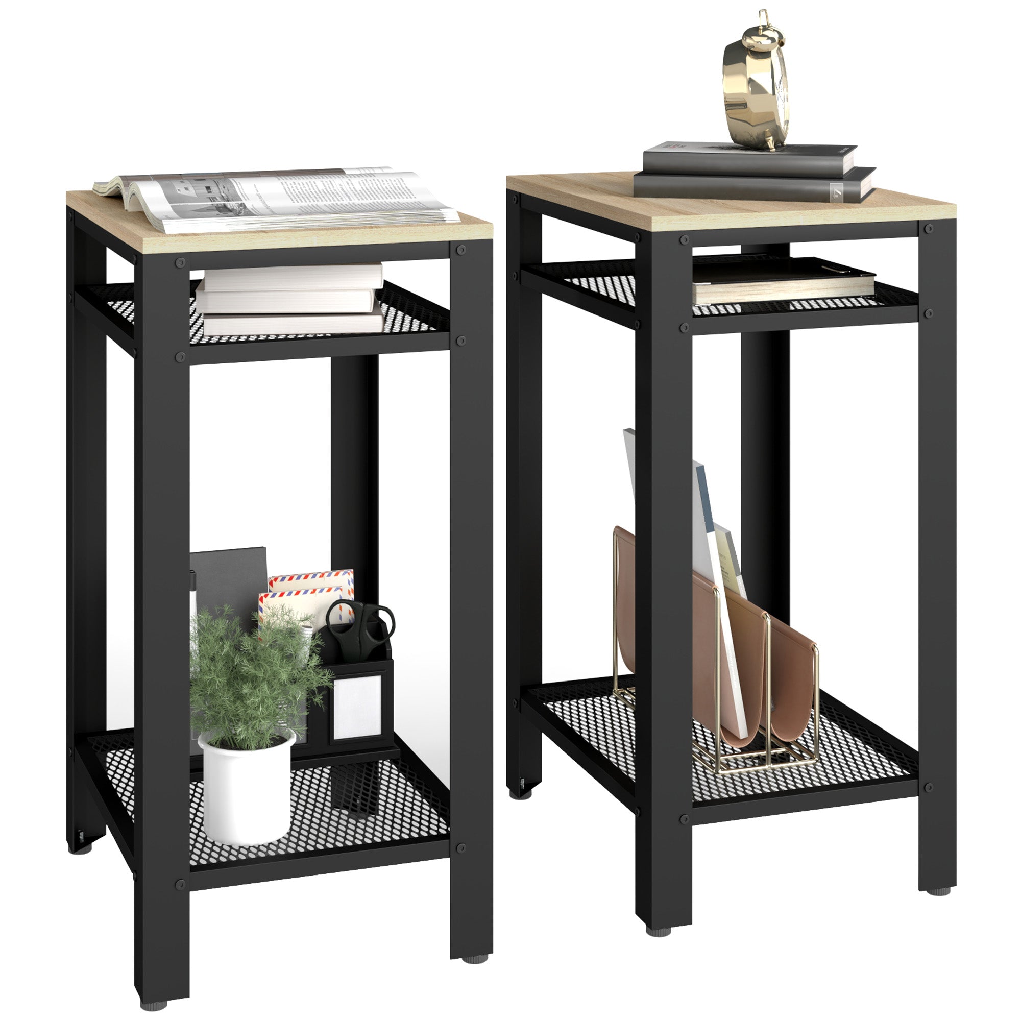 HOMCOM Tall Side Table Set of 2 with 3 Layer, 2 Shelves Storage Display Industrial-Style, Metal Frame, Bedside End Table for Living Room Bedroom, Oak and Black