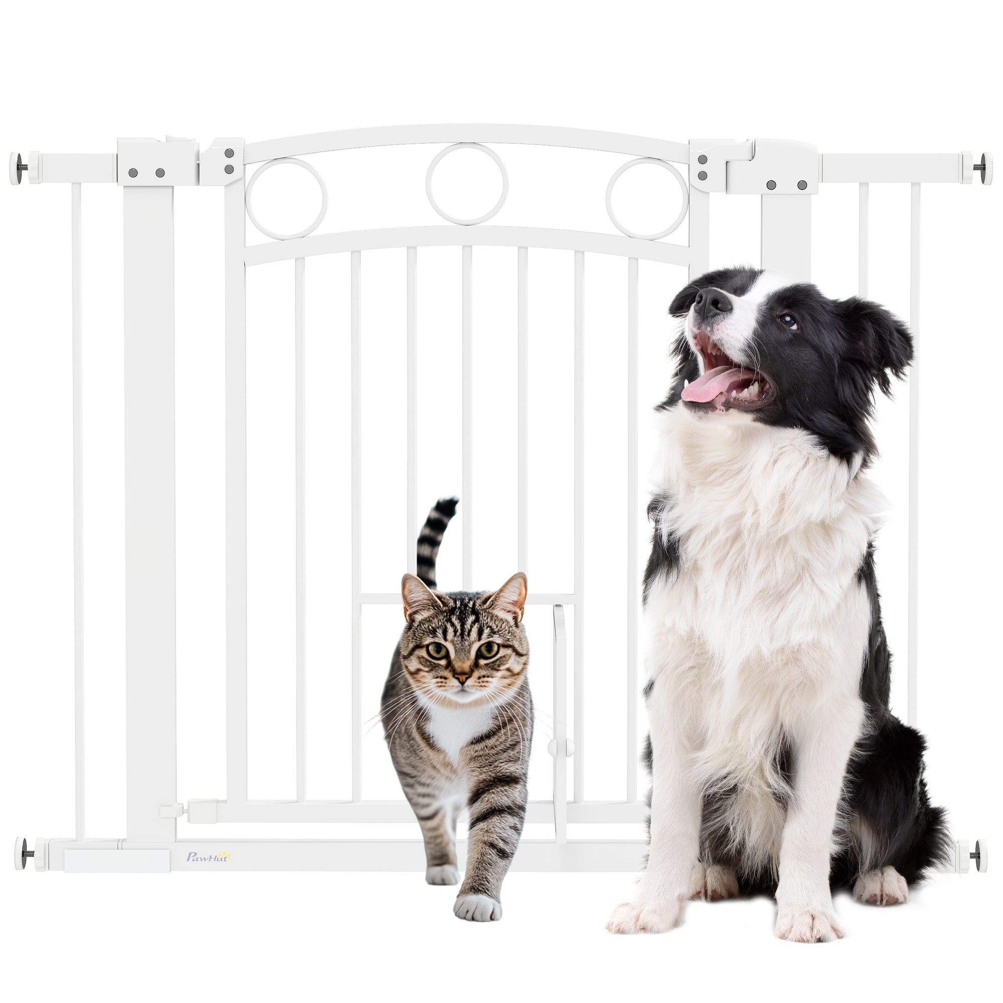 PawHut 77cm Tall Dog Gate with Cat Door, 7cm and 14cm Extensions, for Stairs, Doorways, 76-104cm Width 