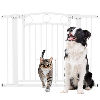 PawHut 77cm Tall Dog Gate with Cat Door, 7cm and 14cm Extensions, for Stairs, Doorways, 76-104cm Width 