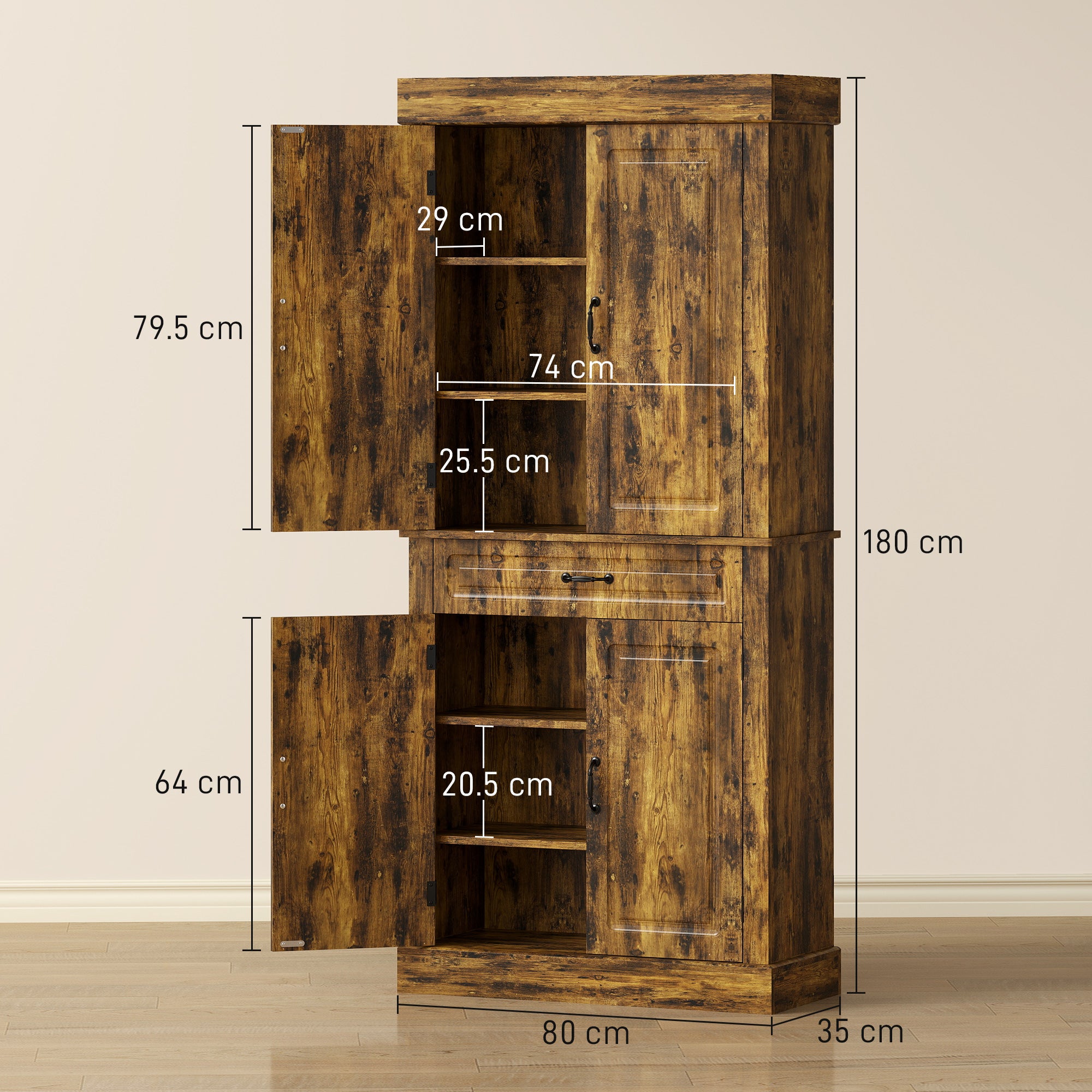 HOMCOM Tall Kitchen Cupboard, Kitchen Pantry Cabinet with Drawer, Shelves, Brown 