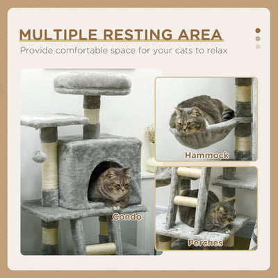 PawHut 132cm Cat Tree with Scratching Post, House, Hammock, Toy Balls - Grey 